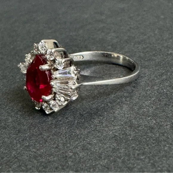 Vintage Faux Ruby Cocktail Ring Sterling Silver Cubic Zirconia Halo Cluster 8